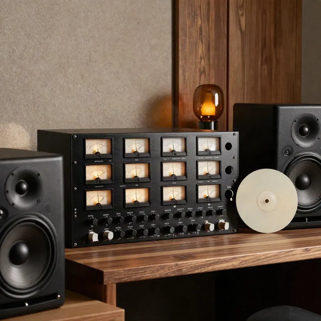 Mastering-Rack mit Pegelmetern und Test-Disc in warmer Studiokammer