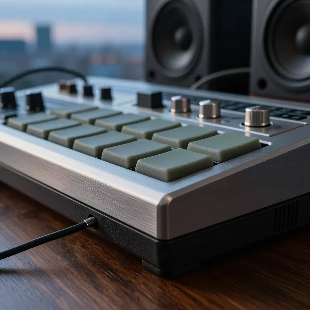 Makro eines Beat-Production-Setups mit Drum-Pads, Synth-Modulen und Subwoofer im blauen Abendlicht.