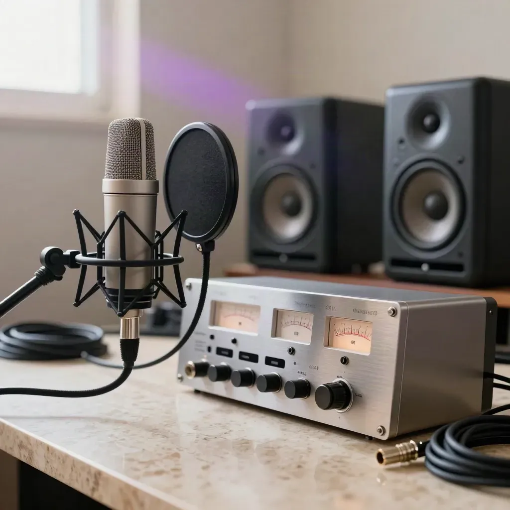 Mikrofon, Popfilter, Kompressor und Monitore in hellem Studiolicht mit violettem Schimmer.