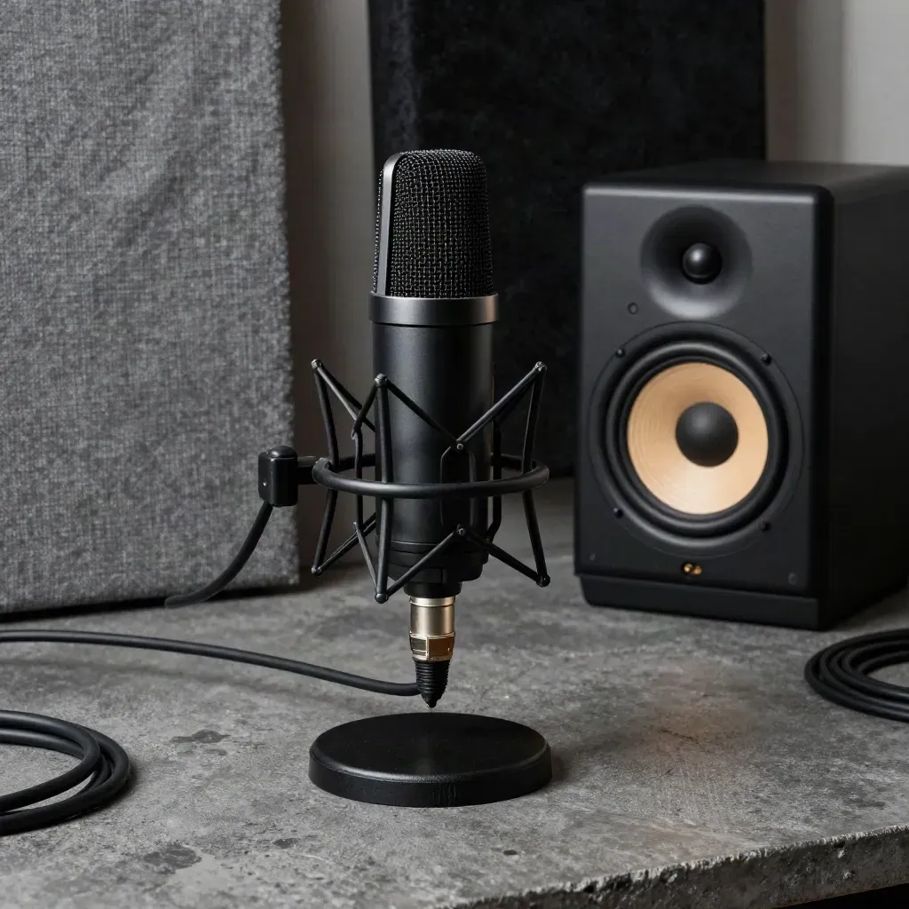 Studio-Mikrofon, Kompressor und leuchtender Monitorlautsprecher in ruhiger Detailaufnahme.