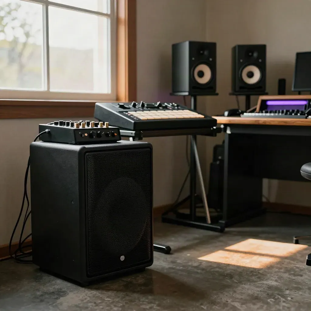 Trap-Studioecke mit Subwoofer, Drumcomputer und Monitoren im warmen Abendlicht.