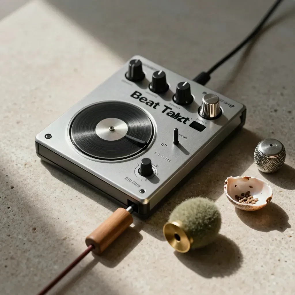 Loop-Pack-Flatlay mit Sampler, Shakern und Sample-Drive auf hellem Stein.