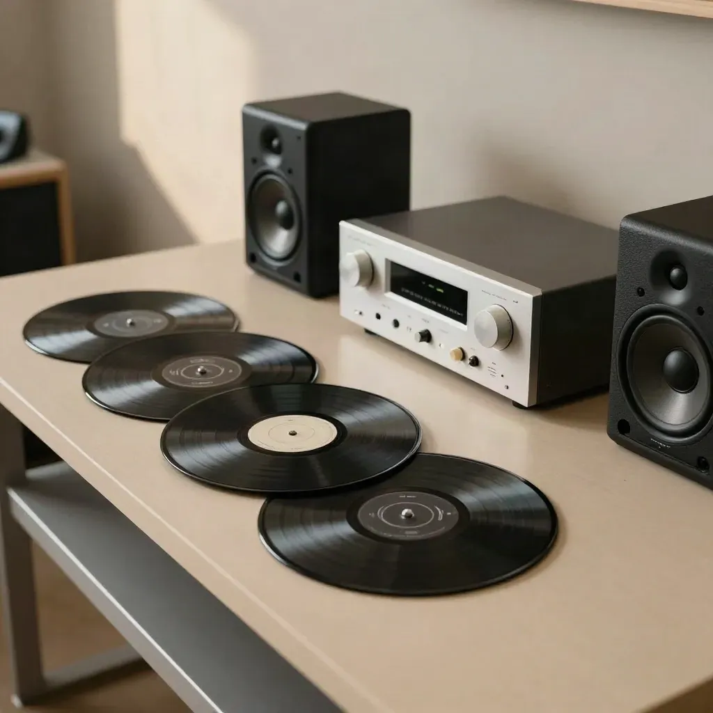 Fünf schwarze Master-Discs neben einer Stereoanlage im Mastering-Studio.