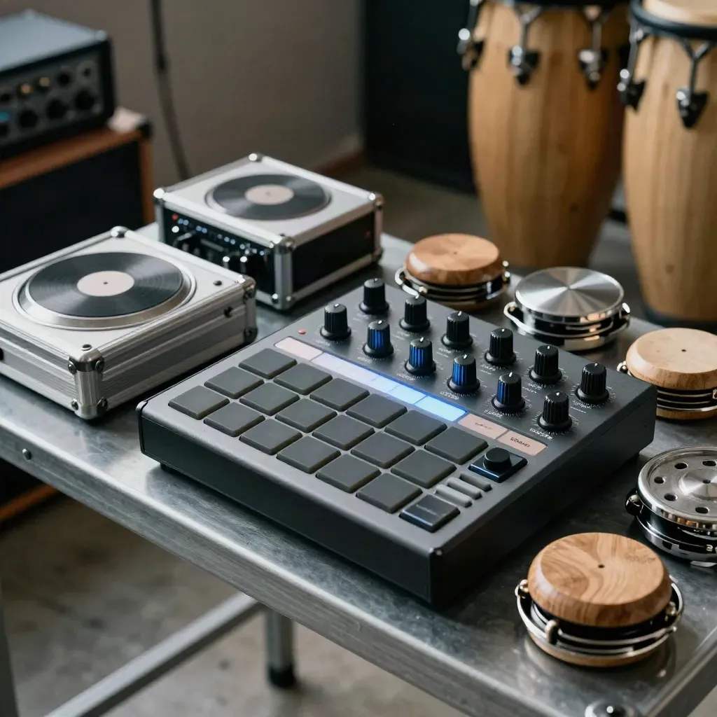 Drum-Machine, Sample-Drives und Percussion auf Metallrack im düsteren Studio mit blauem Licht
