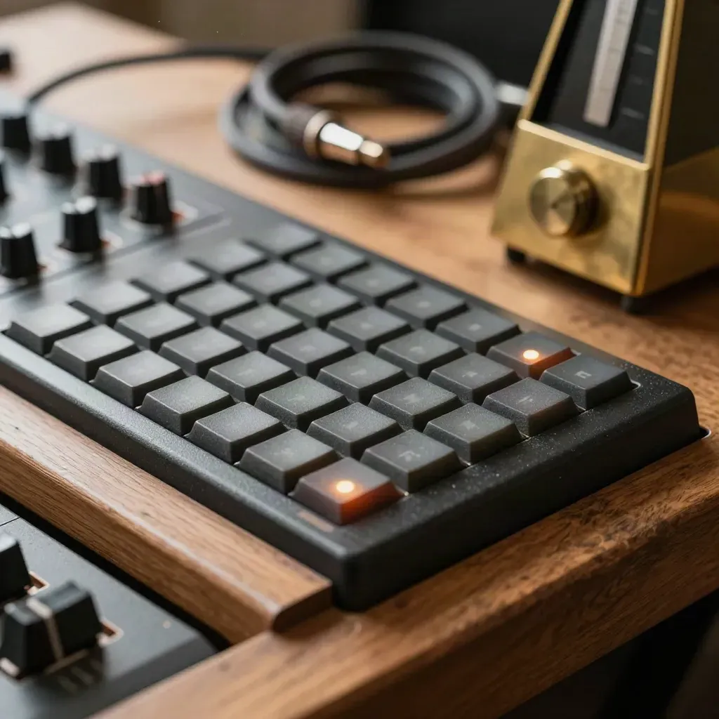 Nahaufnahme eines Beat-Pad-Controllers, Messingmetronoms und Kabels auf einem Holzregal.