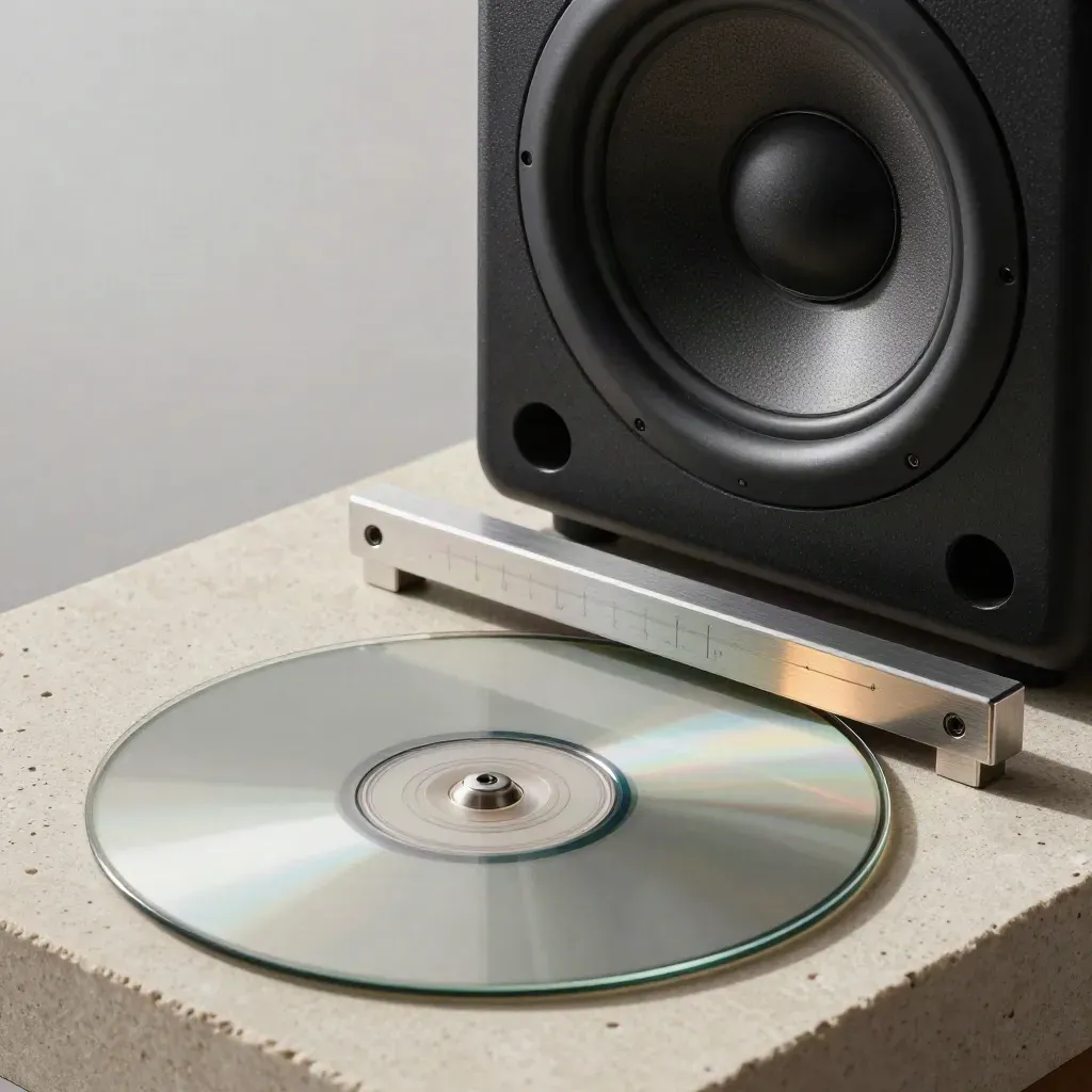 Nahaufnahme von Monitor-Tweeter, Pegelbrücke und Referenzdisc auf gebürstetem Stein.