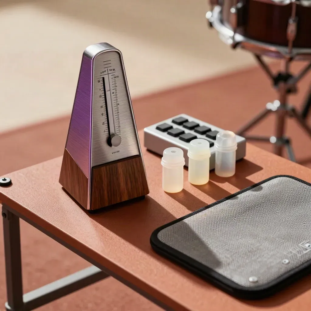 Metronom, Click-Box, Shaker und Snare-Pad auf einem Percussion-Setup