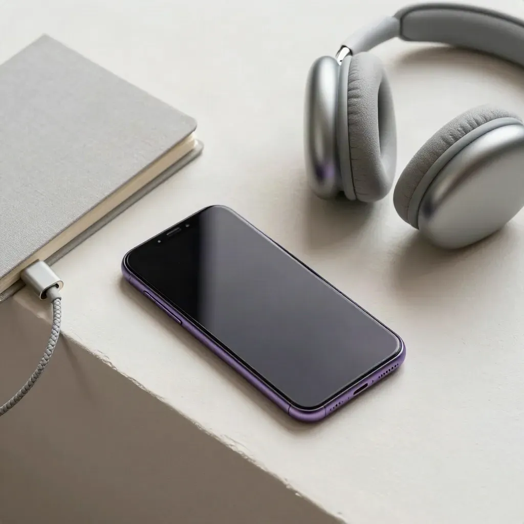 Smartphone, Notizbuch, Kabel und Kopfhörer auf hellem Putz mit violettem Leuchten.