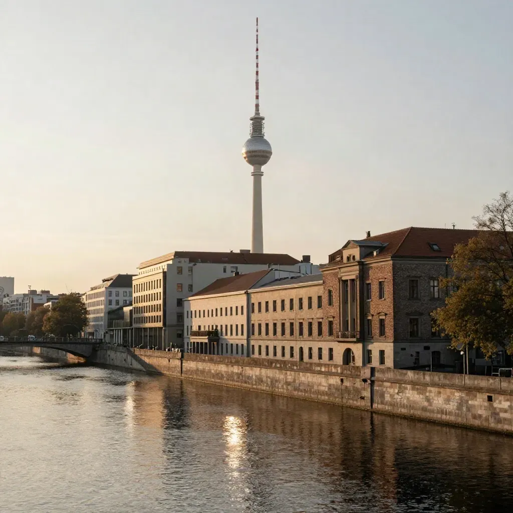 Berliner Skyline mit Fernsehturm über ruhigem Fluss und warmem Abenddunst