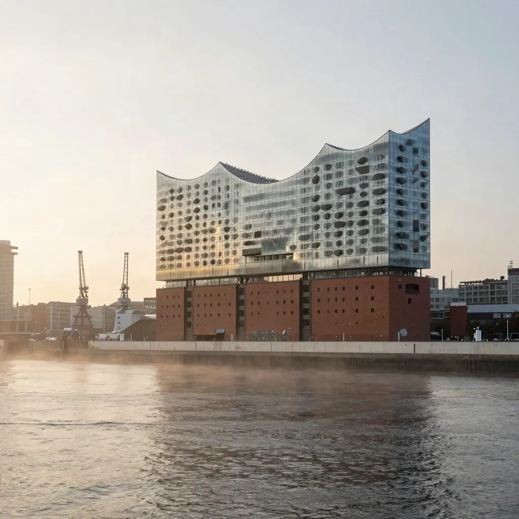 Hamburger Hafen bei Sonnenaufgang mit Elbphilharmonie, Kränen und ruhiger Wasserfläche