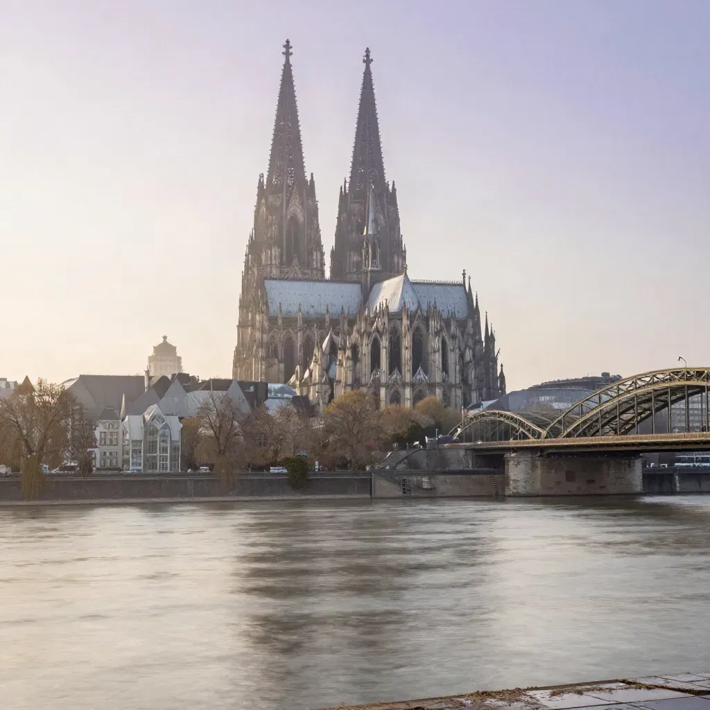 Der Kölner Dom im Morgennebel über dem Rhein mit Brücken und ruhigem Ufer.