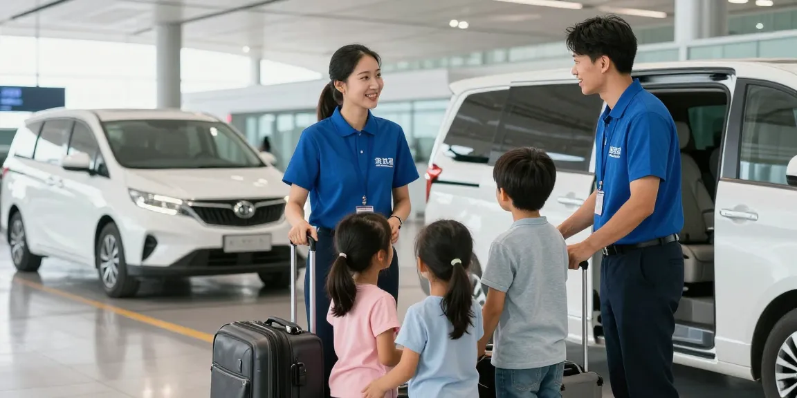 Professioneller Anbieter für private Transfers hilft einer Familie am Flughafen, vertrauenswürdiger Service.