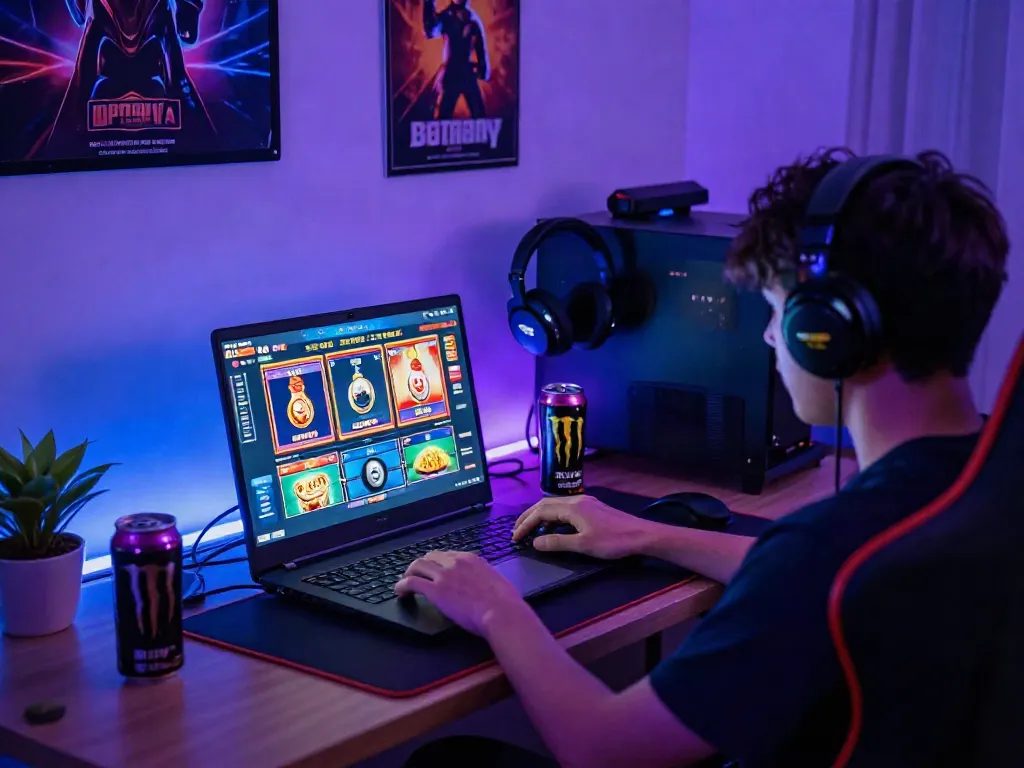 Player enjoying situs gacor games on a sleek laptop in a vibrant gaming room atmosphere.