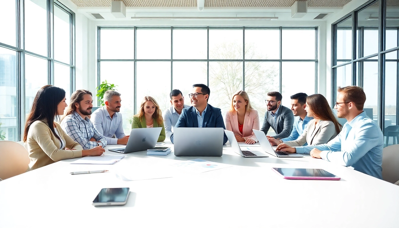 IT Consulting professionals collaborating in a bright office environment with diverse team members.