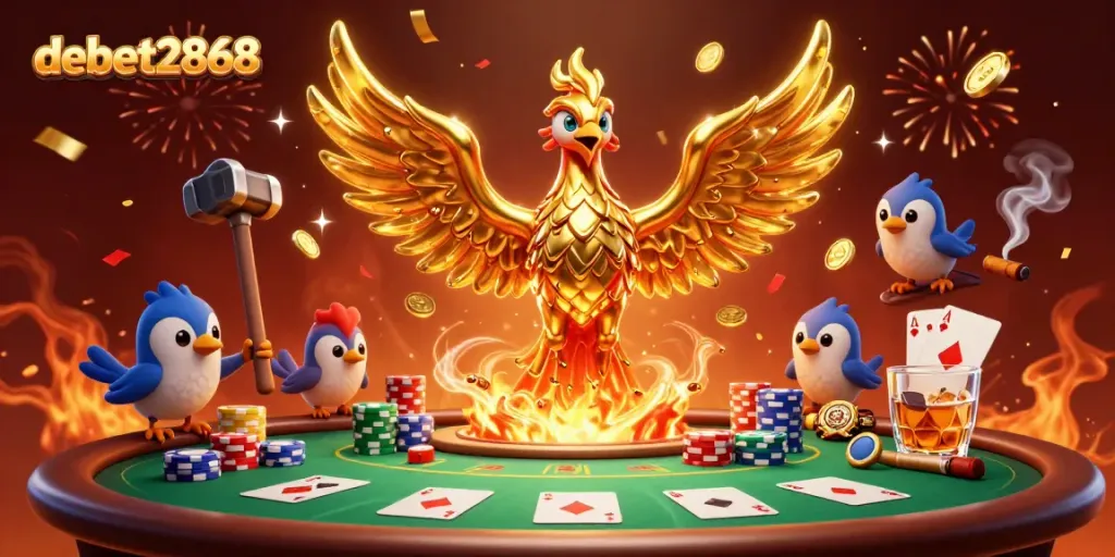 Engage with debet2868's dynamic casino scene featuring golden phoenix and poker elements.
