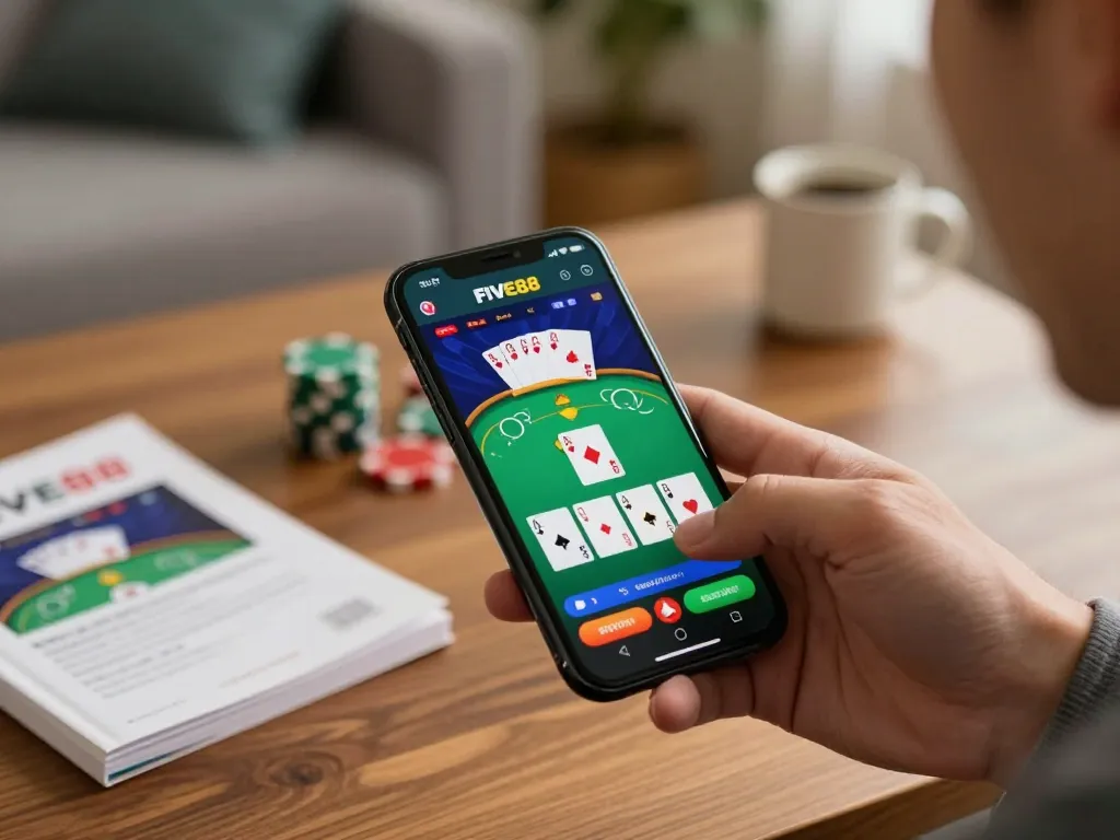 Player using the FIVE88 mobile app for betting, showcasing responsible gambling and strategy.