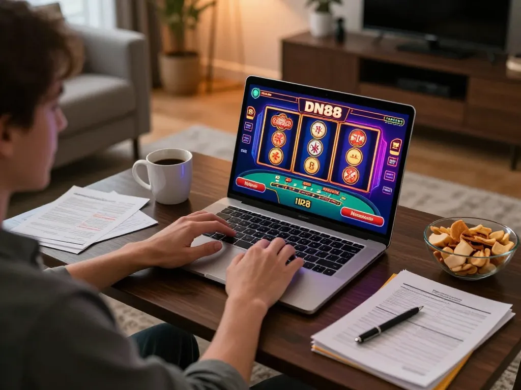 Engaging home gaming moment with DN88 slots on laptop screen and strategic notes