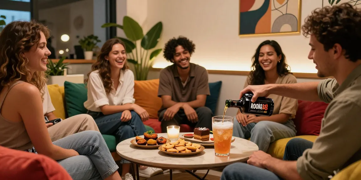 Friends socializing with rokok88 drinks, cozy lounge space, vibrant ambiance