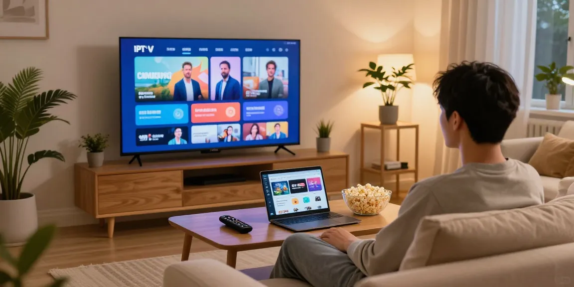 Entspannte Wohnzimmer-Szene mit IPTV-Inhalten, gemütliche Atmosphäre und modernen Annehmlichkeiten für IPTV-Nutzer.