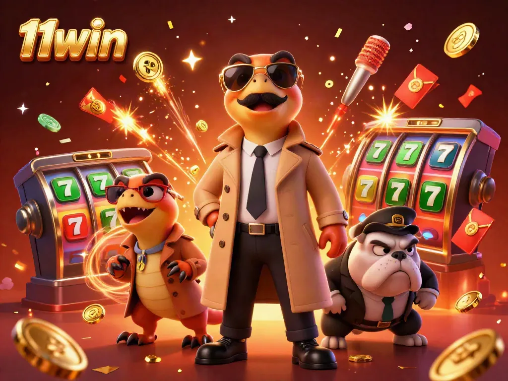 Experience thrilling gameplay at 11win with dynamic slot reels and festive elements in a vibrant casino scene.