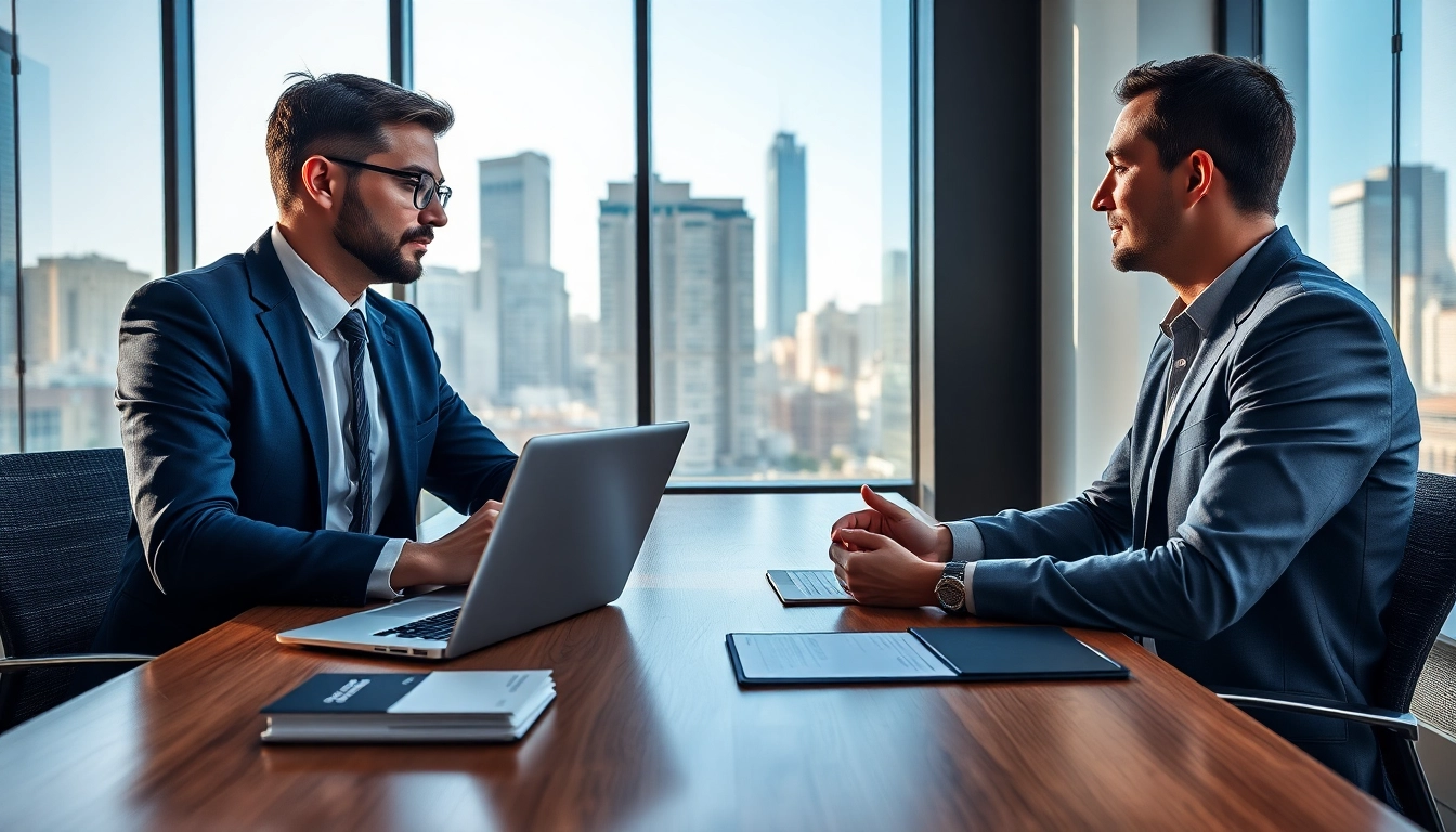 Headhunter IT im Gespräch mit Kandidat in modernem Büro.