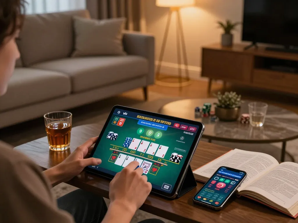 Engaged player using a tablet for online blackjack at home, embodying the excitement of lc888 gaming.