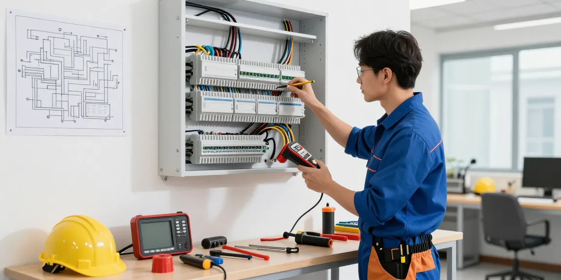 Elektriker in Essen und Umgebung überprüft moderne Elektroinstallationen in einem hellen Werkstattumfeld.