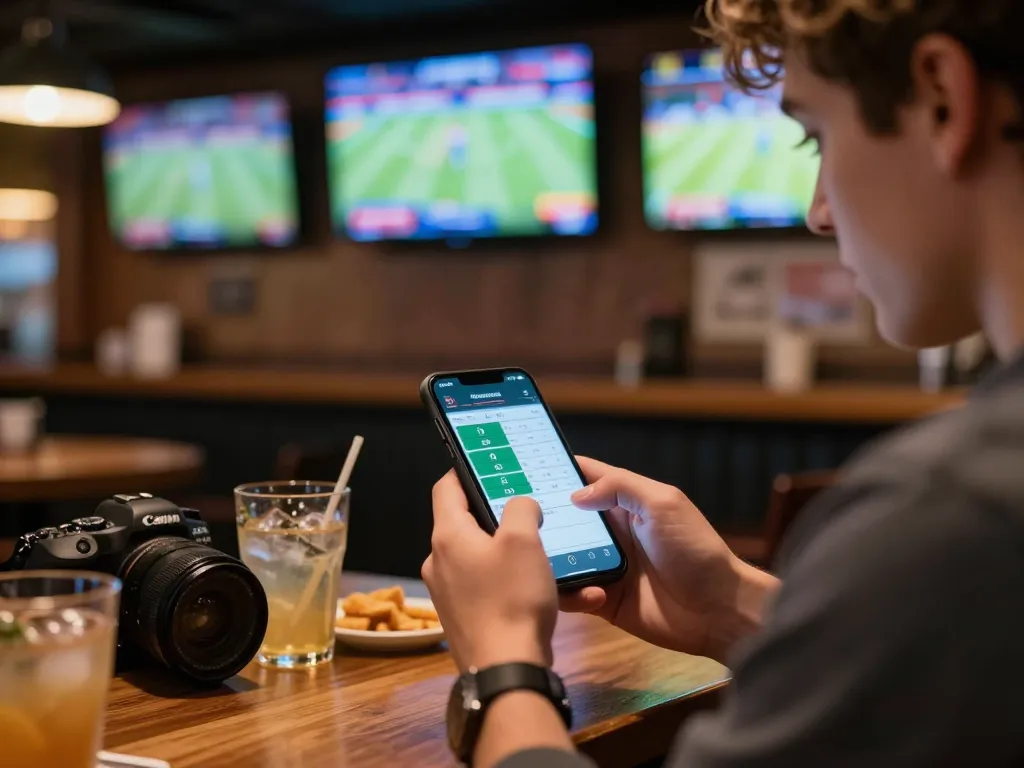 Engaged bettor analyzing odds on the smartphone app at a sports bar with live games, underlying excitement of xo88s betting.