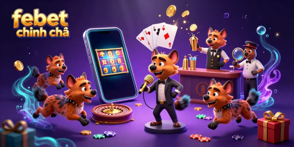 Experience lively entertainment with febet chính chủ at a vibrant casino club featuring dynamic hyena characters.