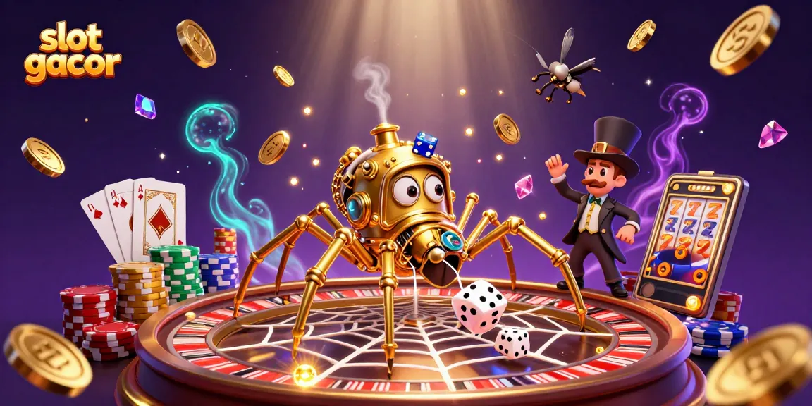 Catching the excitement of slot gacor, this scene features a steampunk spider and a gentleman amidst a flurry of casino elements.