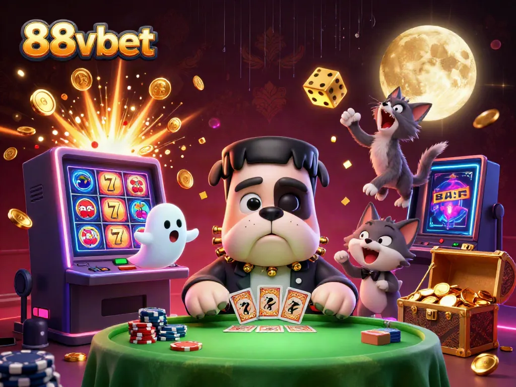 Experience the excitement of 88vbet with a lively 3D casino scene featuring unique characters and vibrant game elements.