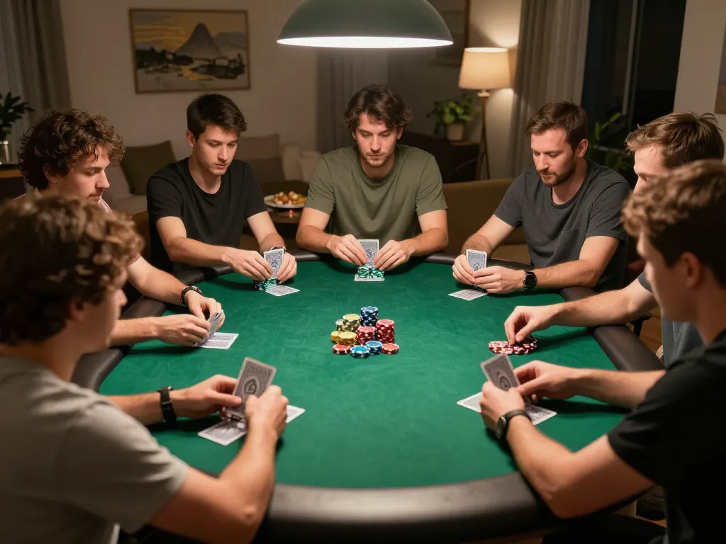 Spieler, die an einem intensiven Pokerabend teilnehmen und die Strategie sowie die Aufregung von Immobilienmakler Frankfurt Eckenheim zeigen