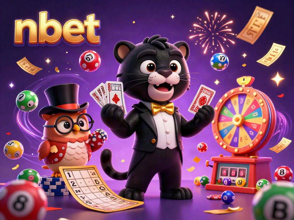 Experience thrilling gameplay with nbet as a stylish panther deals cards amidst colorful lottery elements.