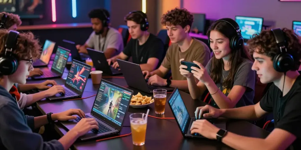 Friends engaging in online gaming with rokok88 atmosphere, lively environment showcasing excitement and camaraderie.