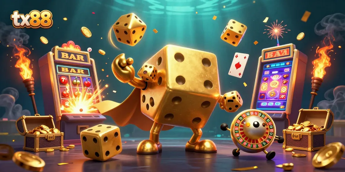 Join the excitement at tx88 with a vibrant jackpot scene featuring animated golden dice and dynamic casino symbols.