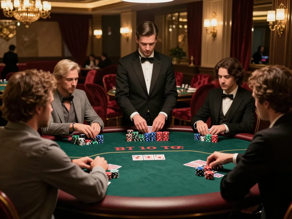 Players strategizing at a poker table in a luxury casino scene with DA88 gaming atmosphere.