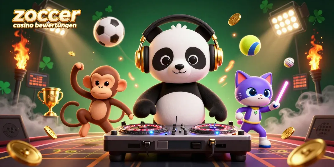 Spiele Zoccer Casino Bewertungen mit einem 3D DJ Panda und Breakdance Affen für Spielerlebnisse.