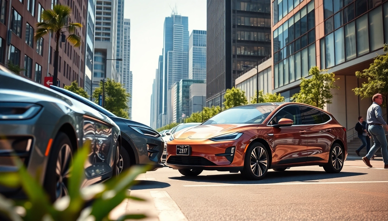 Elektroautos auf einer urbanen Straße mit modernen Designs und nachhaltigen Funktionen.