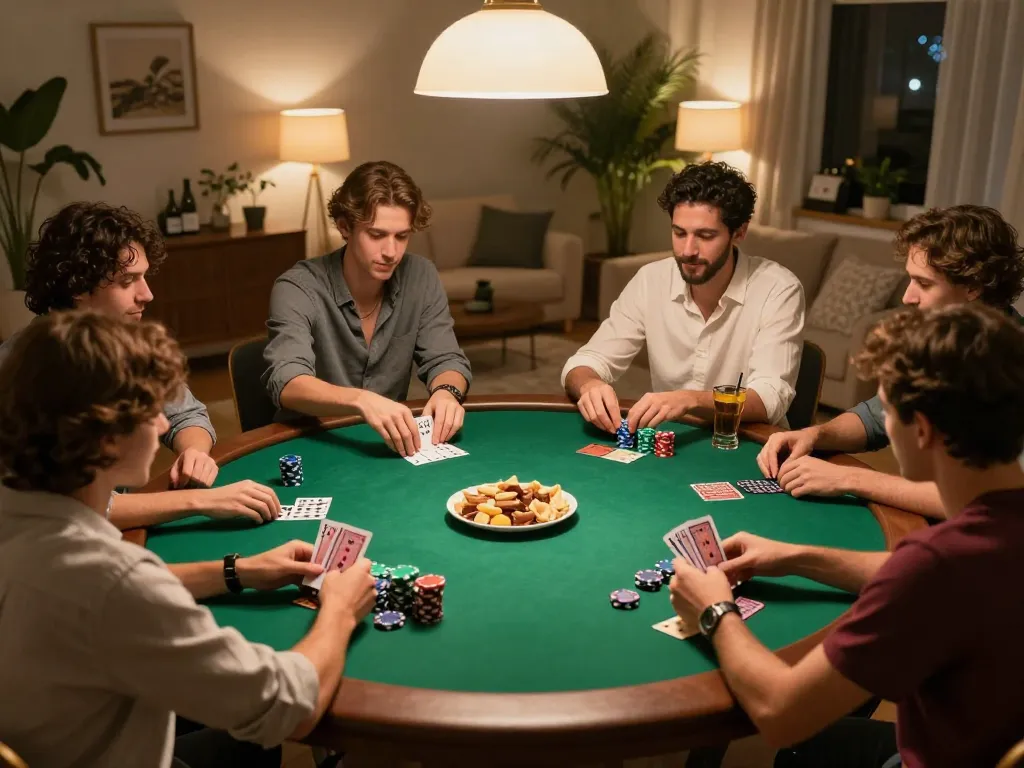 Friends enjoying poker night at home, engaging in strategy and friendly competition with F168 branding.