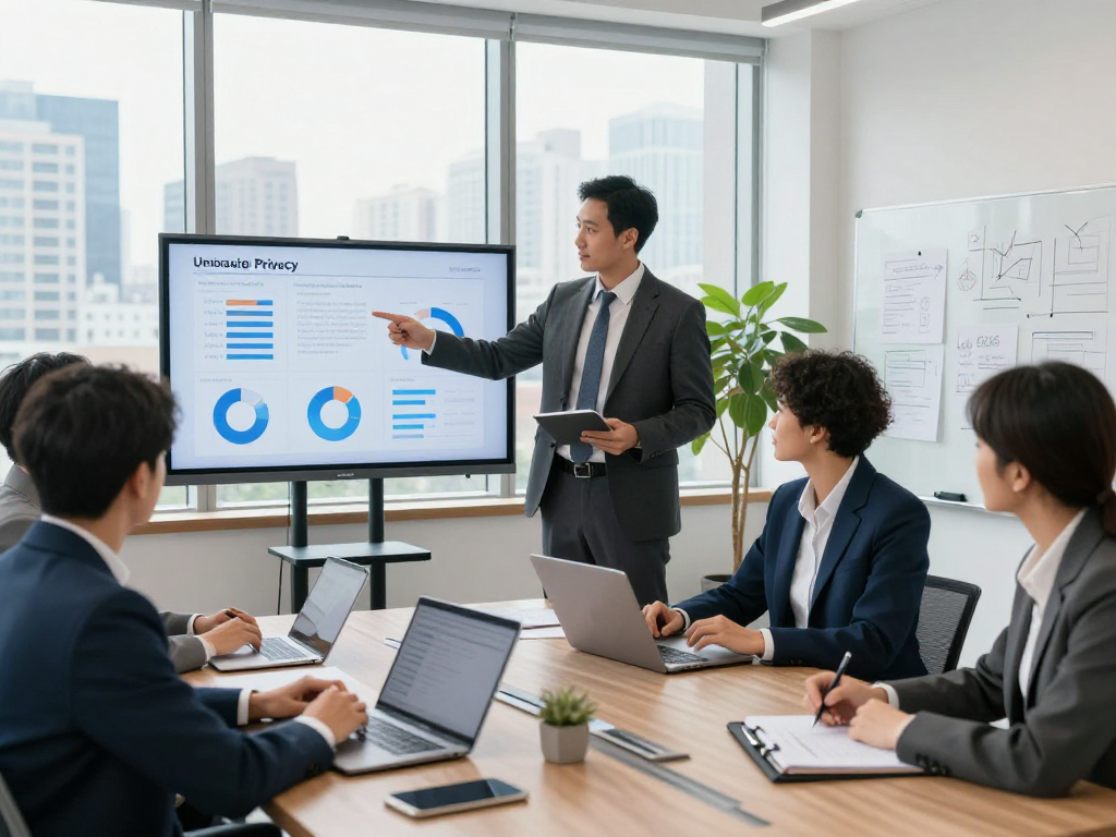 Startseite für Datenschutzberatung, Team bespricht Strategien in modernem Büro mit professioneller Atmosphäre.