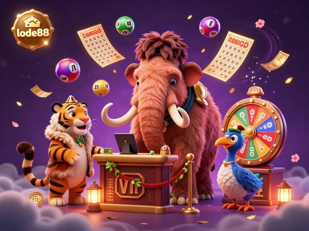 Experience the vibrant lode88 atmosphere with a cartoon mammoth bouncer and a saber-tooth tiger guest.