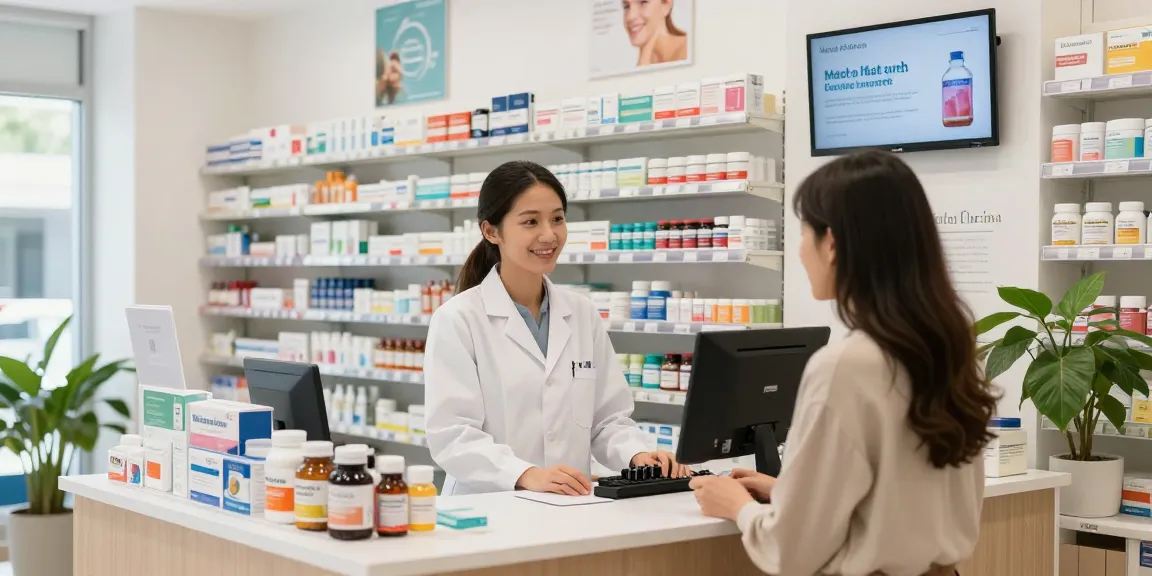 Kunde erhält Beratung in einem hellen Medi Pharma Shop, der Gesundheits- und Wellnessprodukte betont