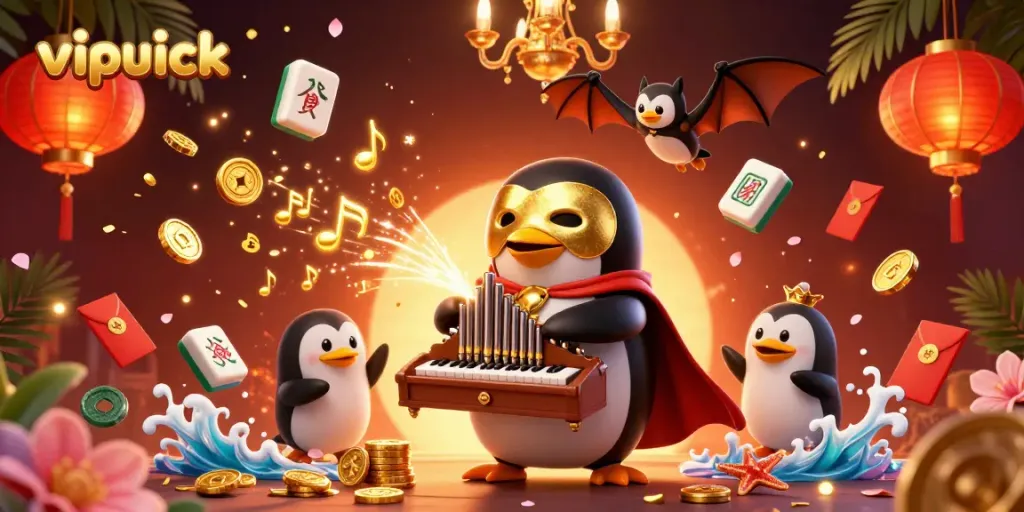 Win big with vipluck casino as a penguin plays golden tunes, surrounded by festive games.