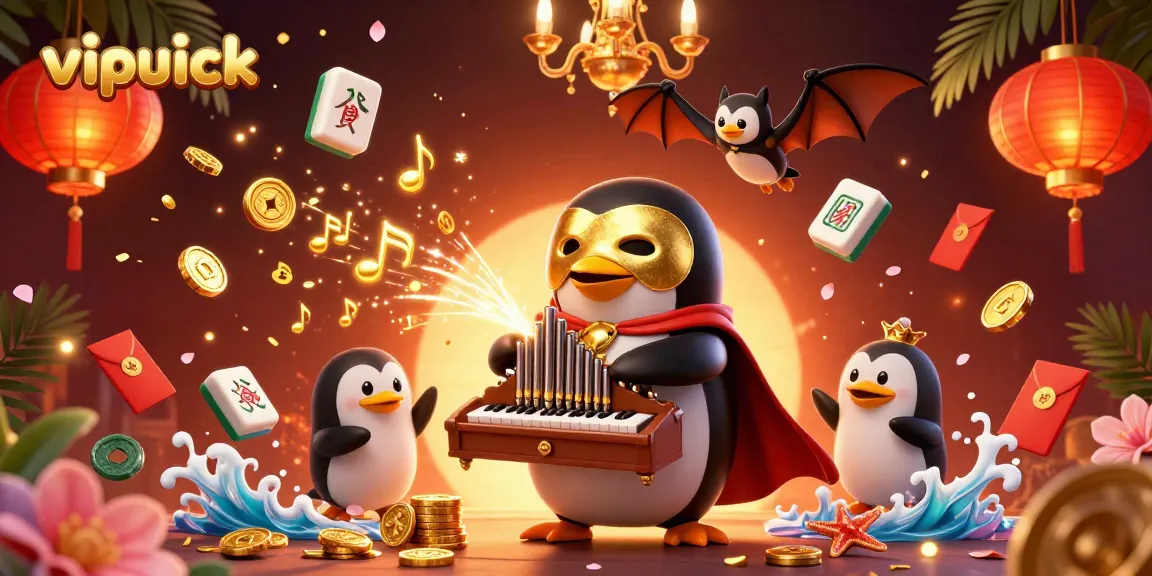 Win big with vipluck casino as a penguin plays golden tunes, surrounded by festive games.
