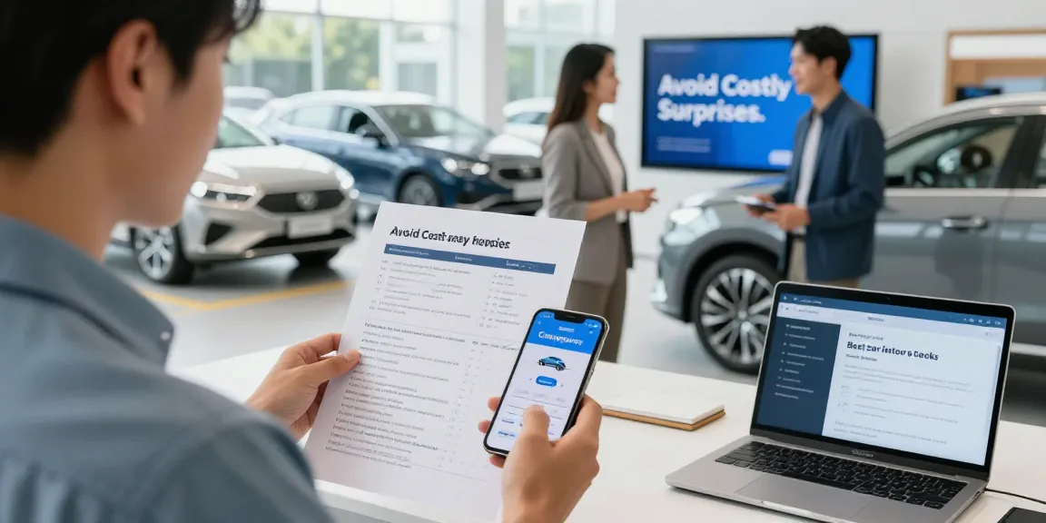 Car buyer checking best car history check UK report at dealership.