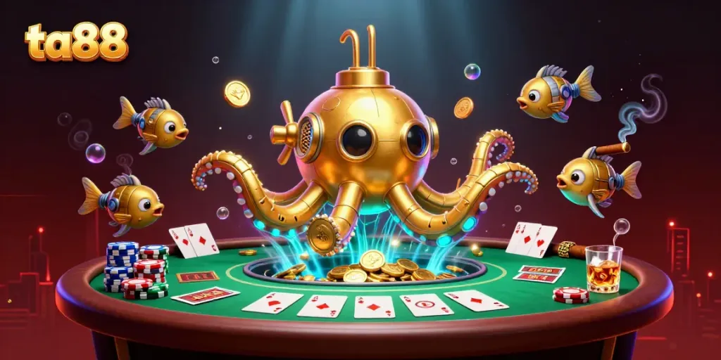 Experience thrilling gameplay at ta88 with a golden kraken submarine amidst poker elements and shimmering coins.
