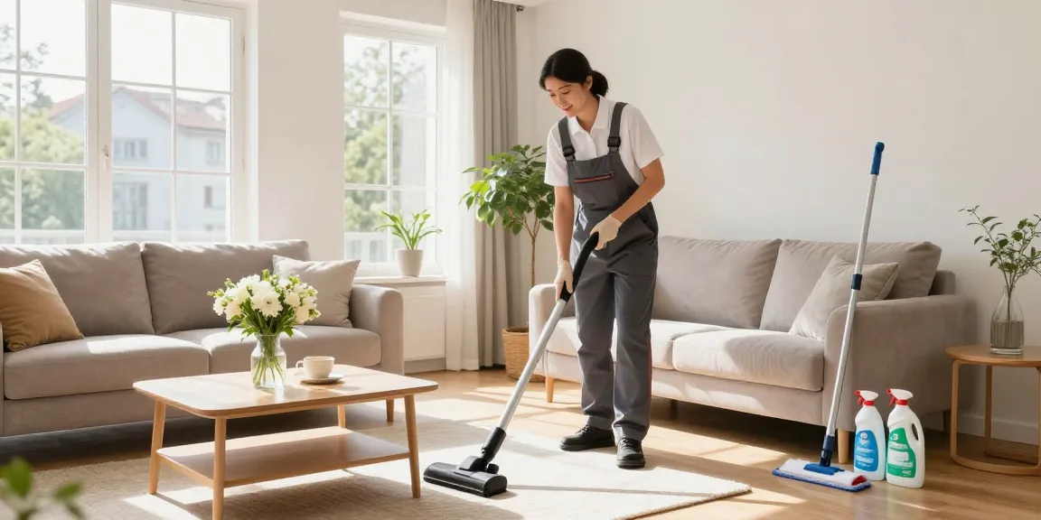 Detailed scene of professional wohnungsreinigung bern, showcasing a cleaner diligently vacuuming a bright living room.