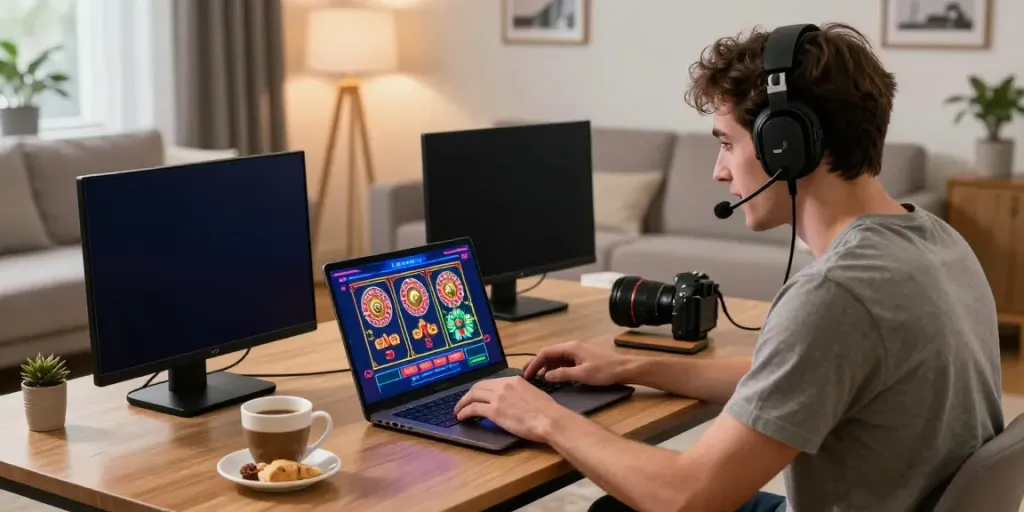 Engaged user exploring UK88 online gambling platform from a cozy living room.