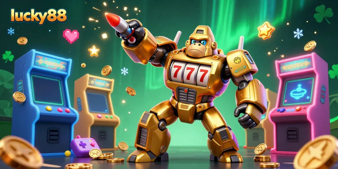Experience the thrill of lucky88 with a vibrant 3D illustration of a golden gorilla mech and arcade elements in a dynamic casino scene.