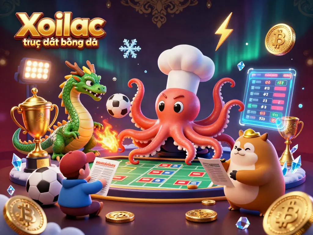 Xoilac trực tiếp bóng đá with octopus chef, dragon, and tanuki engaged in a vibrant sports betting scene.